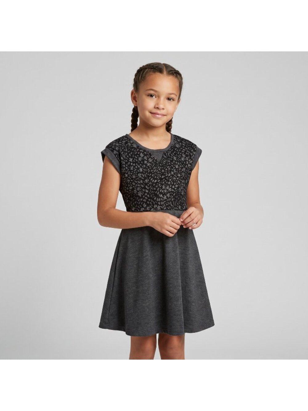 Hello Gorgeous Girl's Gray and Black Embroidered Short Sleeve Dress in size 8-10